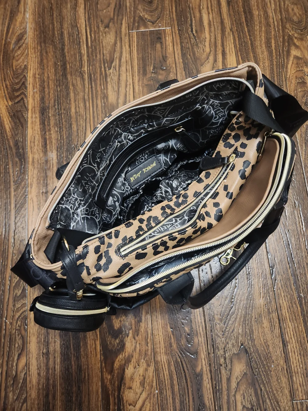 Betsey Johnson 3-Piece Quilted Leopard Tote, Penguin Coin Purse,Travel Organizer